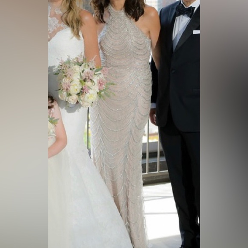 Beaded gown. Halter style. Silver/taupe. Size 8/10.